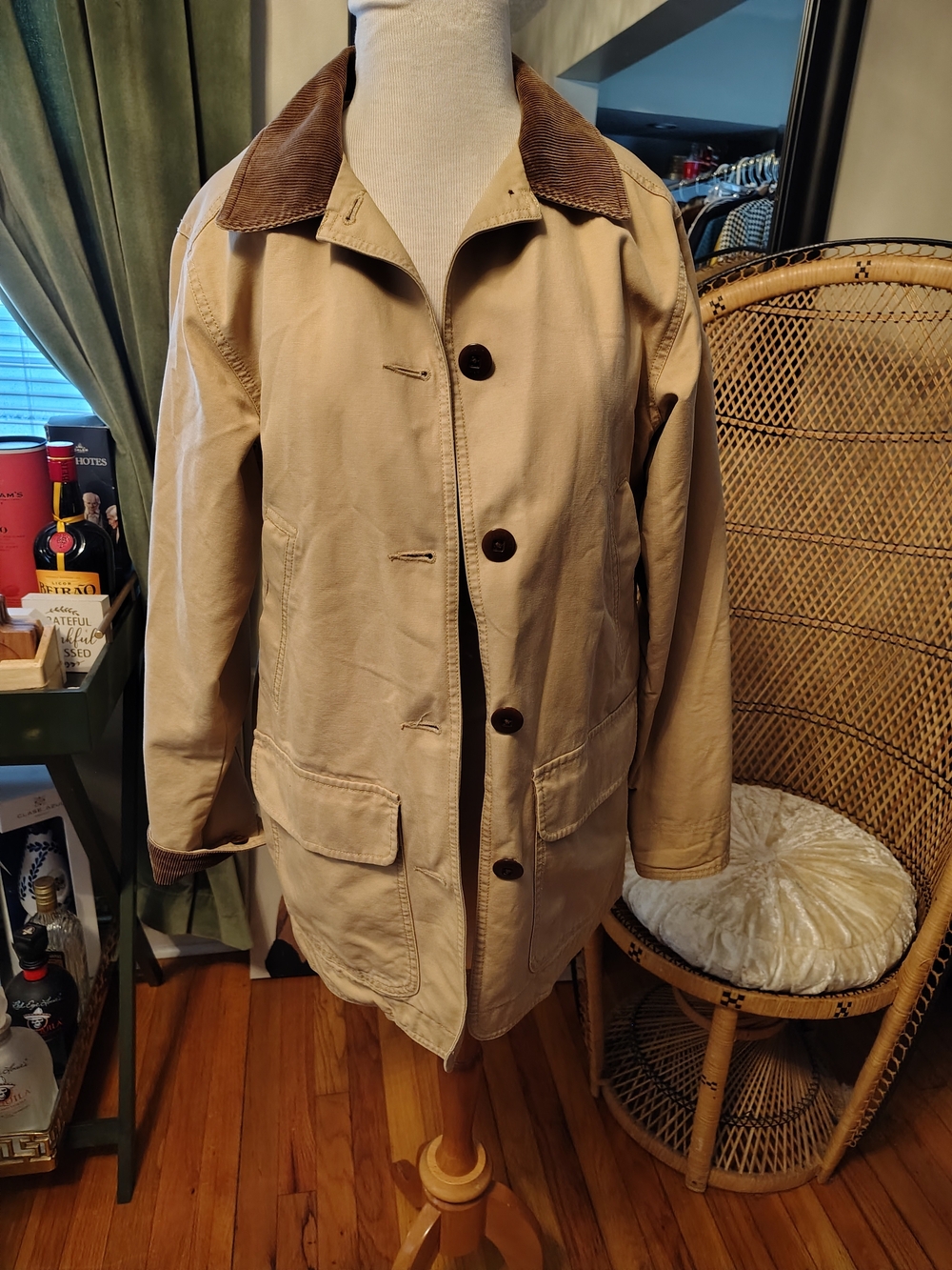 L.L. Bean Khaki Trench Coat with Brown Corduroy Collar